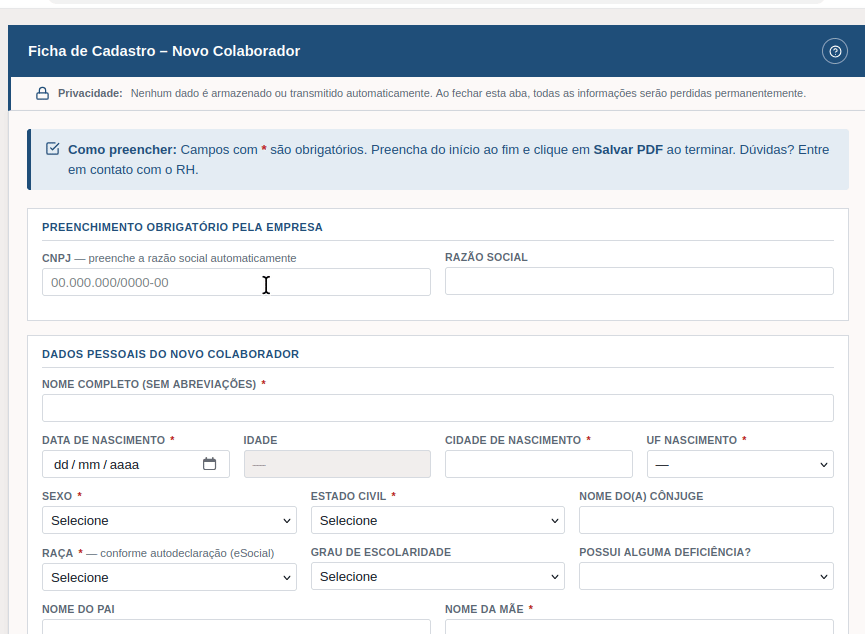 Tela do Ficha para Admissão